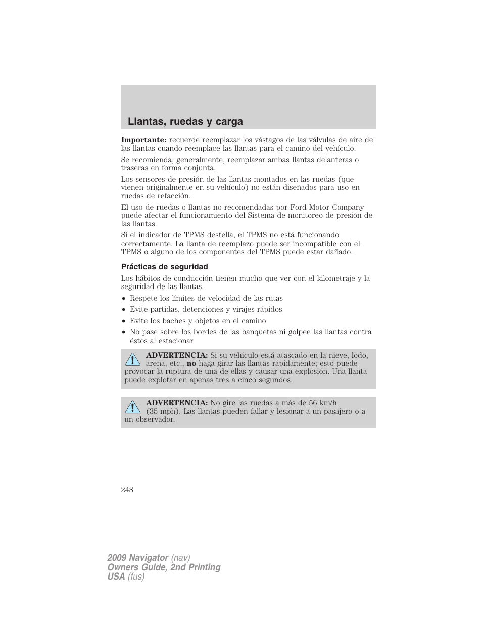 Prácticas de seguridad, Llantas, ruedas y carga | Lincoln 2009 Navigator User Manual | Page 248 / 801