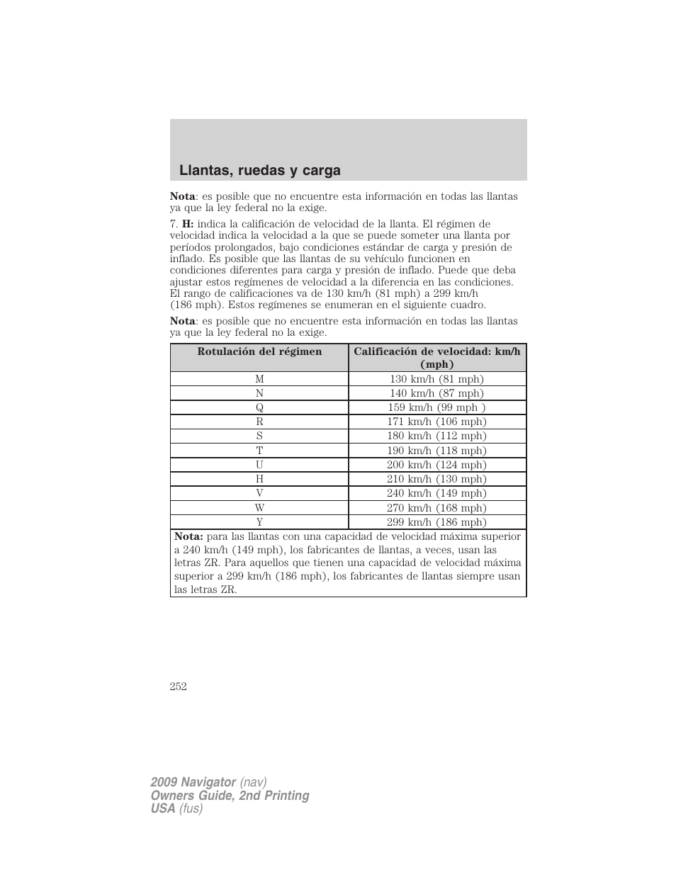 Llantas, ruedas y carga | Lincoln 2009 Navigator User Manual | Page 252 / 801