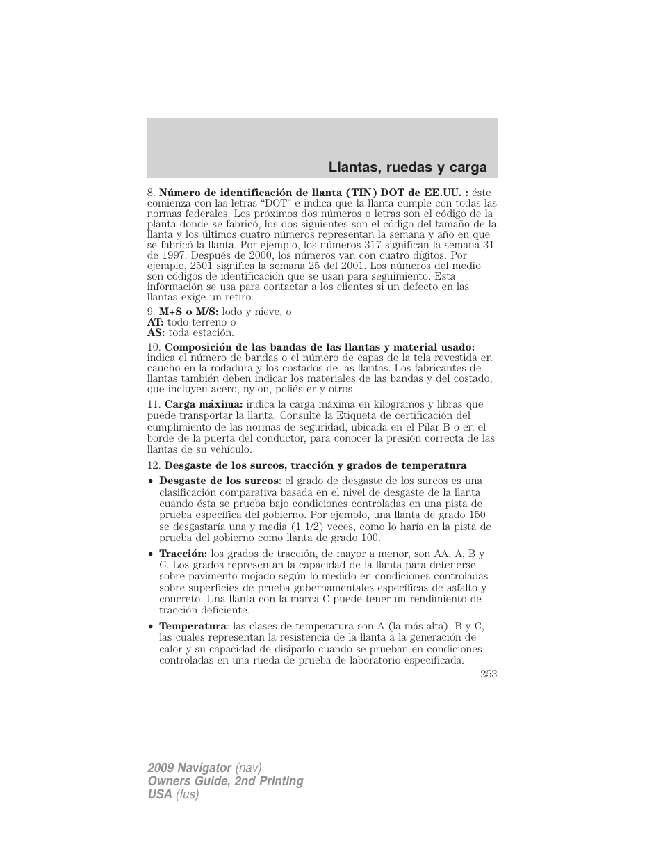 Llantas, ruedas y carga | Lincoln 2009 Navigator User Manual | Page 253 / 801