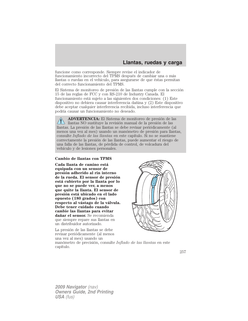 Llantas, ruedas y carga | Lincoln 2009 Navigator User Manual | Page 257 / 801