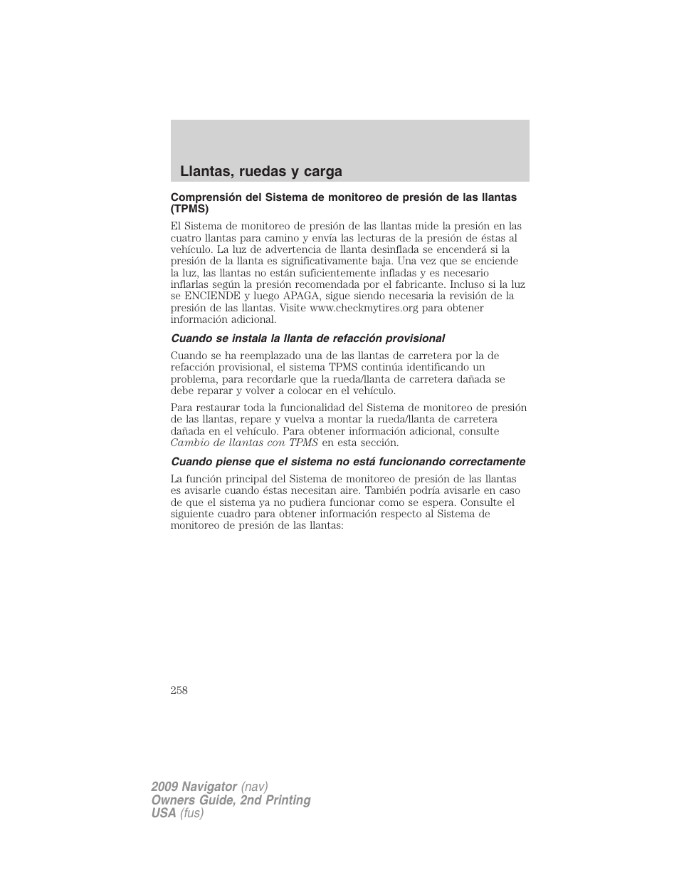 Llantas, ruedas y carga | Lincoln 2009 Navigator User Manual | Page 258 / 801