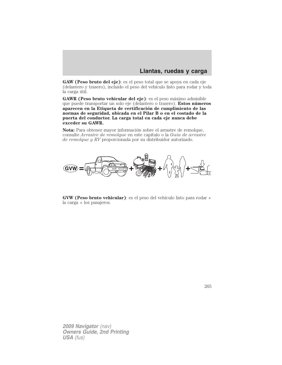 Llantas, ruedas y carga | Lincoln 2009 Navigator User Manual | Page 265 / 801