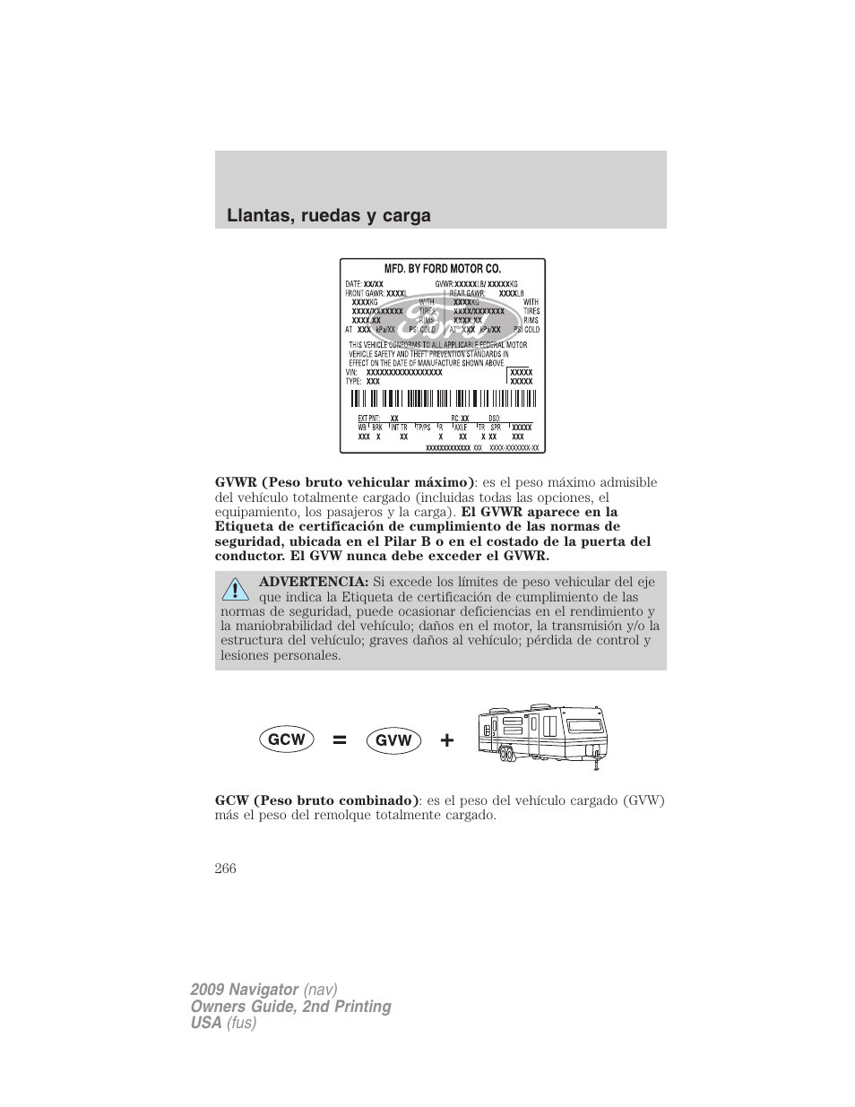 Llantas, ruedas y carga | Lincoln 2009 Navigator User Manual | Page 266 / 801