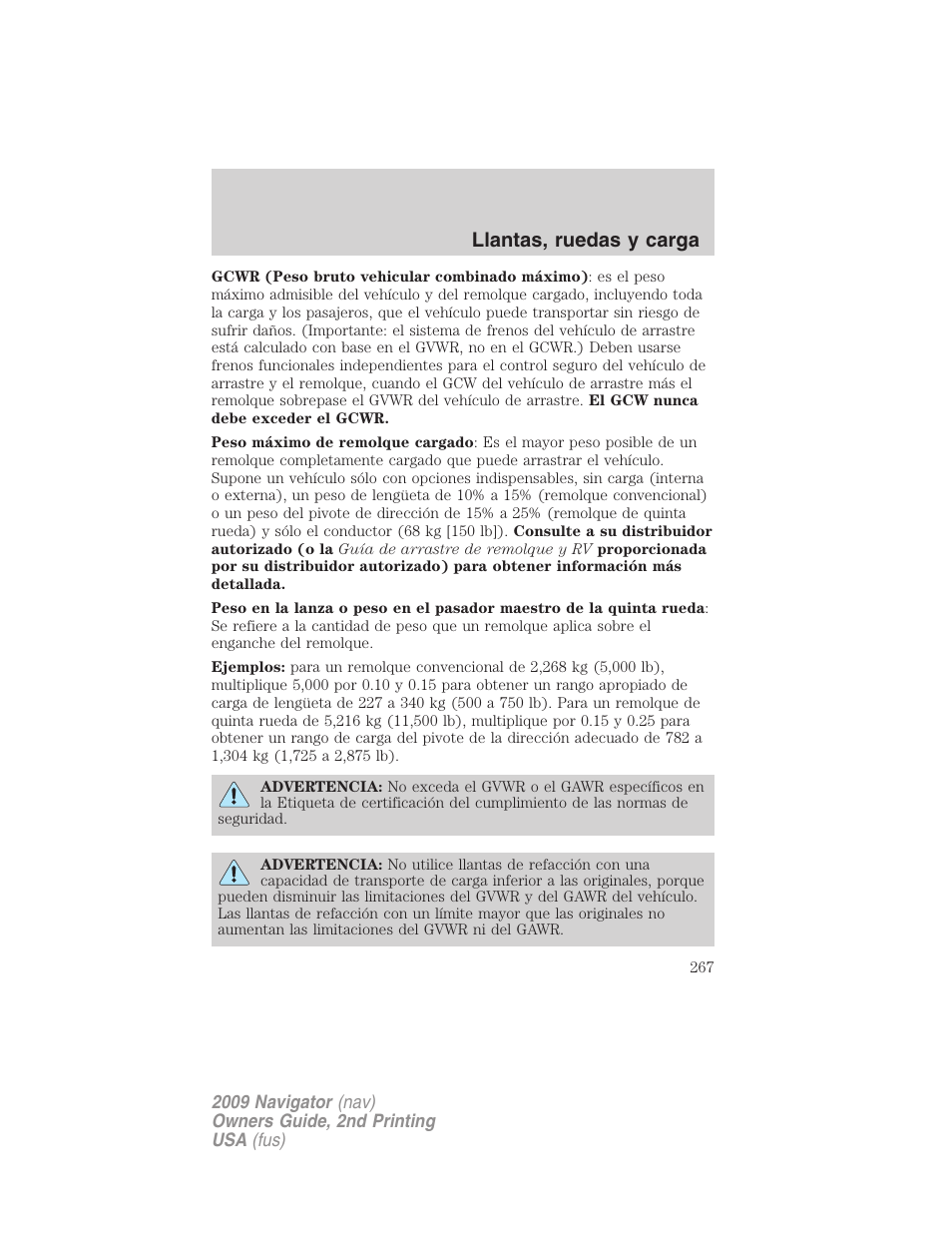 Llantas, ruedas y carga | Lincoln 2009 Navigator User Manual | Page 267 / 801