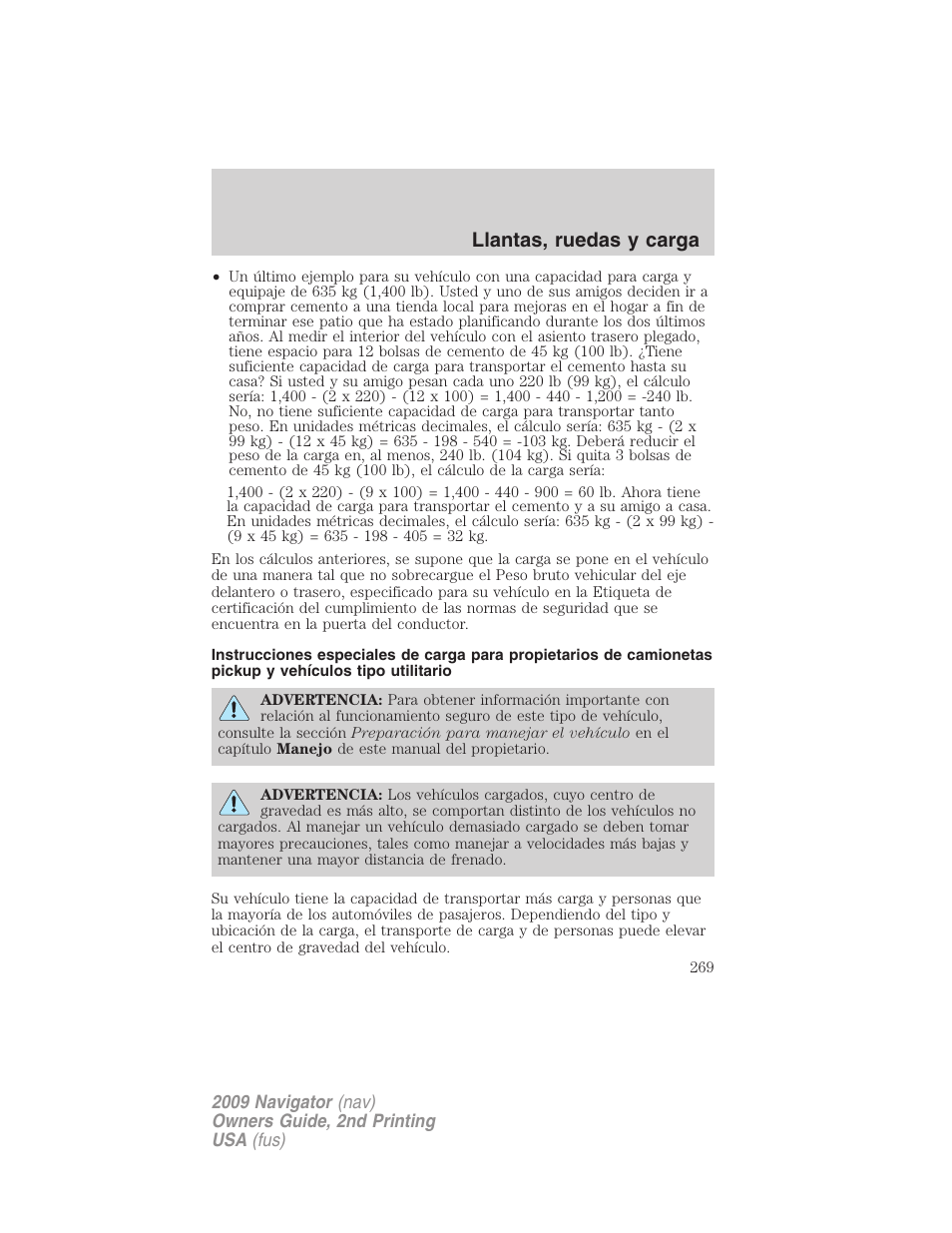 Llantas, ruedas y carga | Lincoln 2009 Navigator User Manual | Page 269 / 801