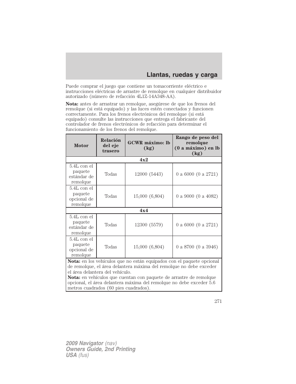 Llantas, ruedas y carga | Lincoln 2009 Navigator User Manual | Page 271 / 801