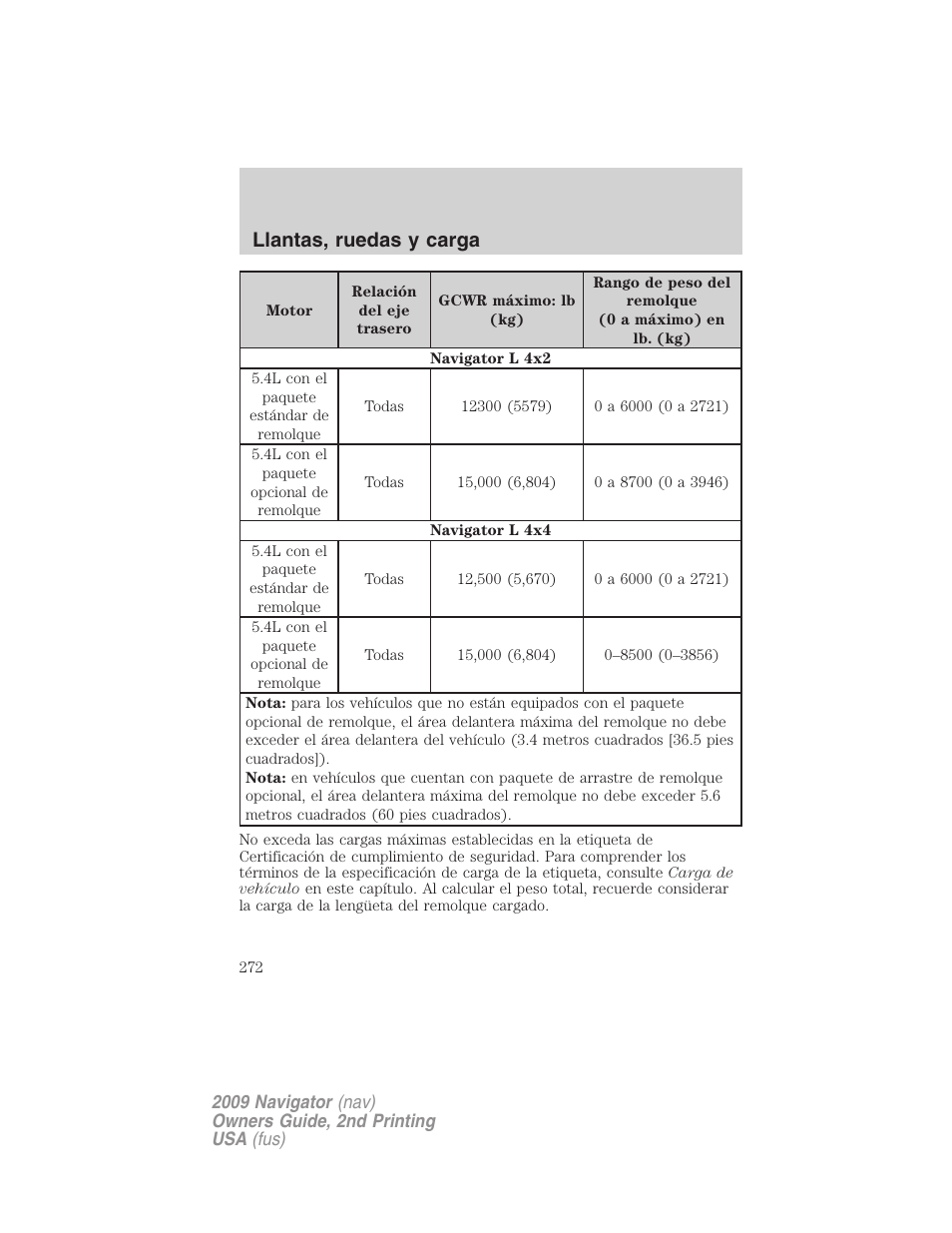 Llantas, ruedas y carga | Lincoln 2009 Navigator User Manual | Page 272 / 801