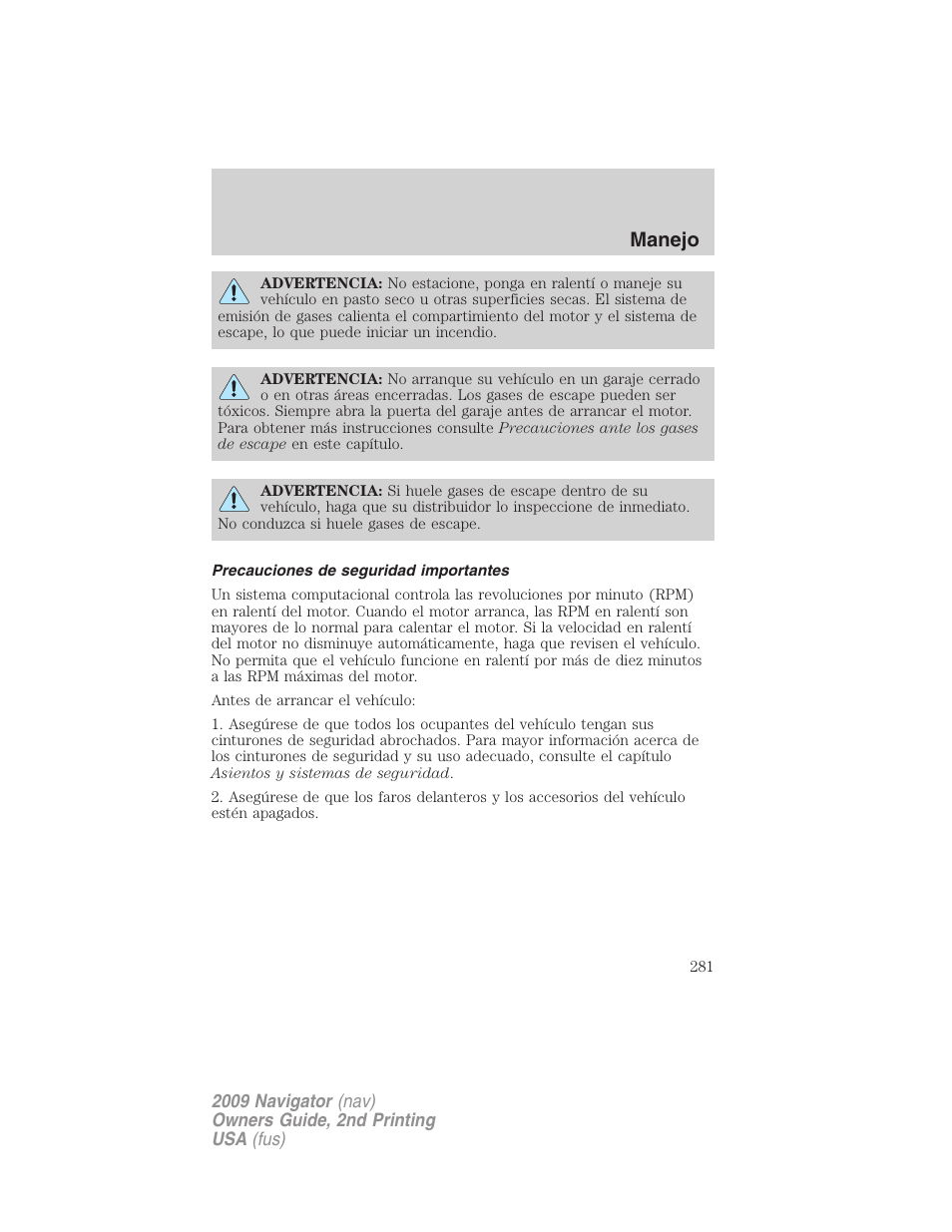 Precauciones de seguridad importantes, Manejo | Lincoln 2009 Navigator User Manual | Page 281 / 801