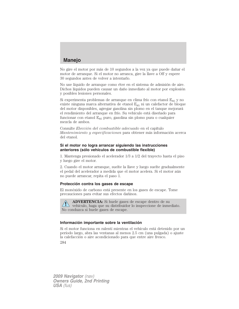 Protección contra los gases de escape, Información importante sobre la ventilación, Manejo | Lincoln 2009 Navigator User Manual | Page 284 / 801