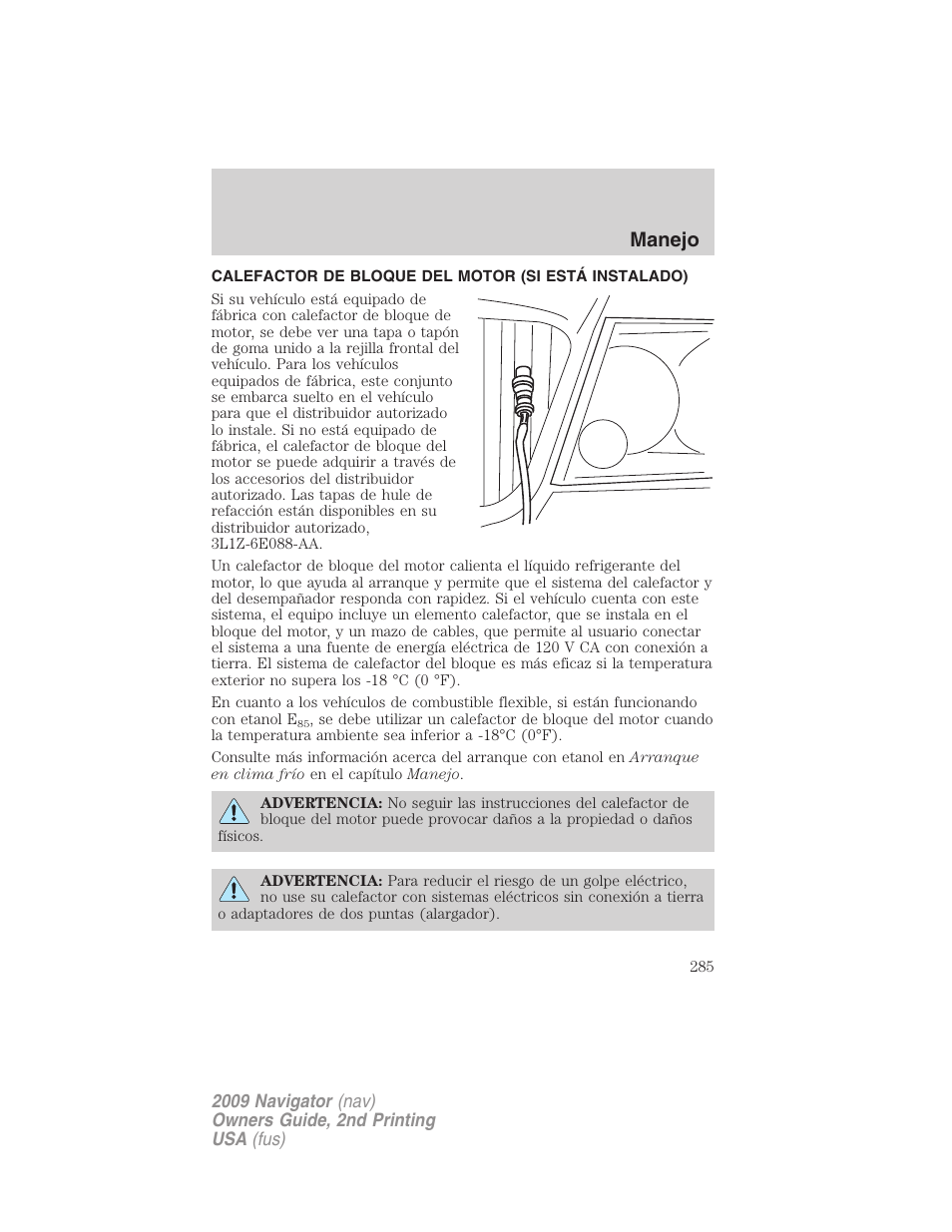 Calefactor de bloque del motor (si está instalado), Manejo | Lincoln 2009 Navigator User Manual | Page 285 / 801