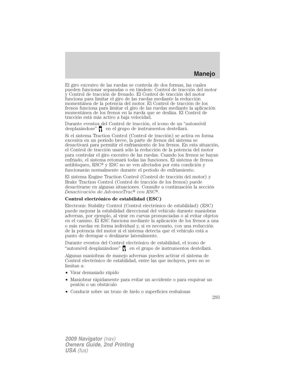 Manejo | Lincoln 2009 Navigator User Manual | Page 293 / 801