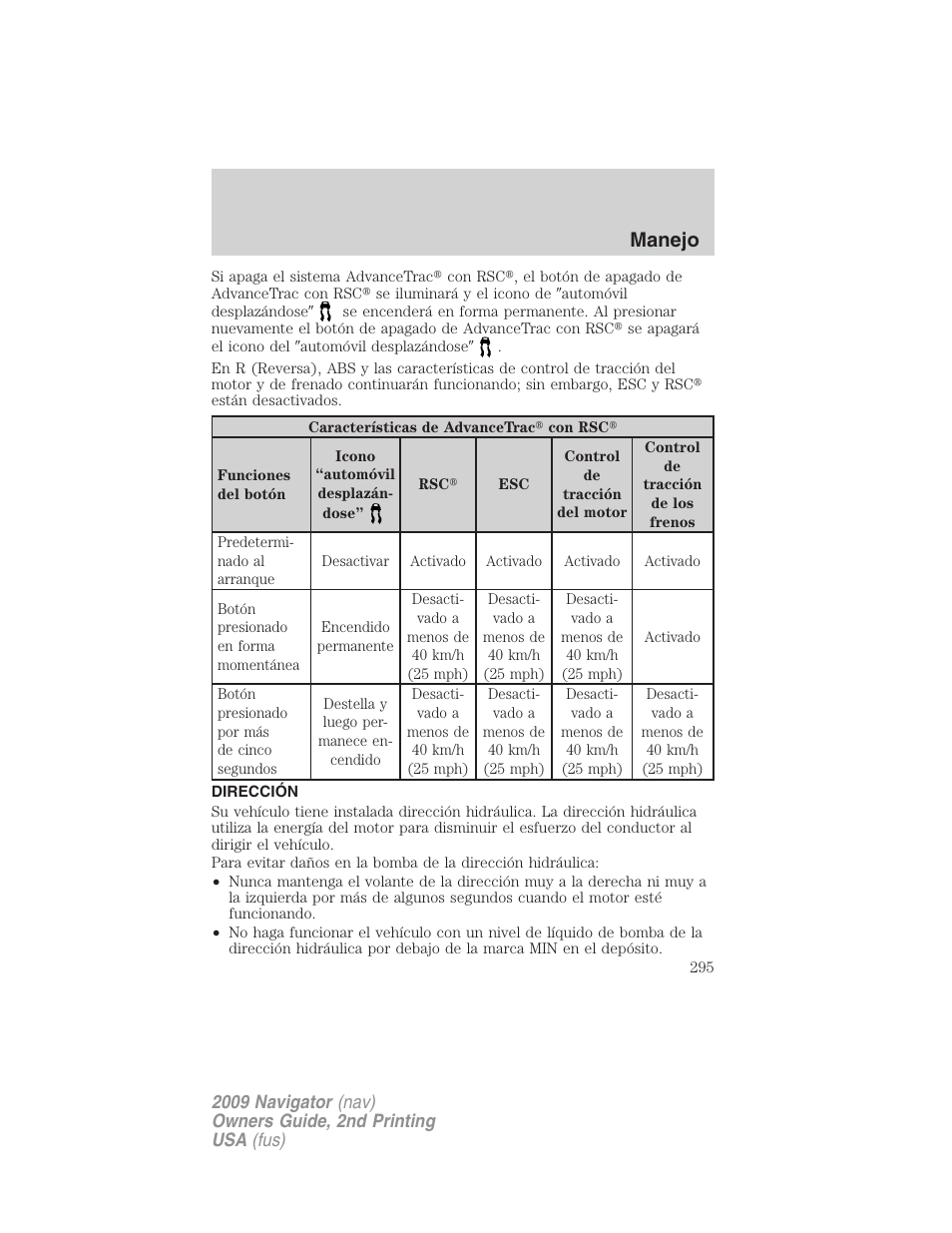 Dirección, Manejo | Lincoln 2009 Navigator User Manual | Page 295 / 801