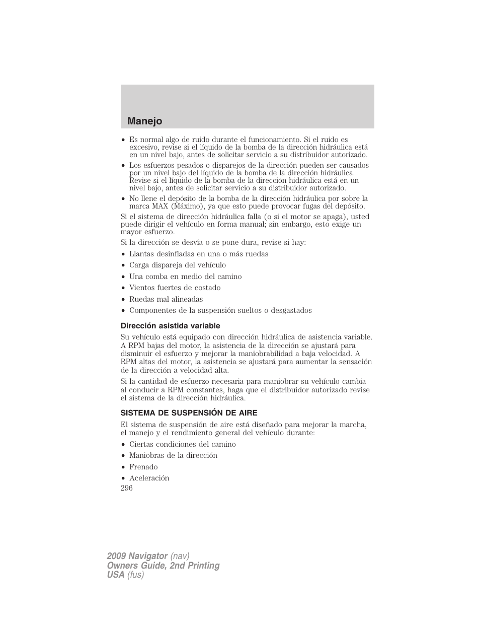 Dirección asistida variable, Sistema de suspensión de aire, Suspensión de aire | Manejo | Lincoln 2009 Navigator User Manual | Page 296 / 801