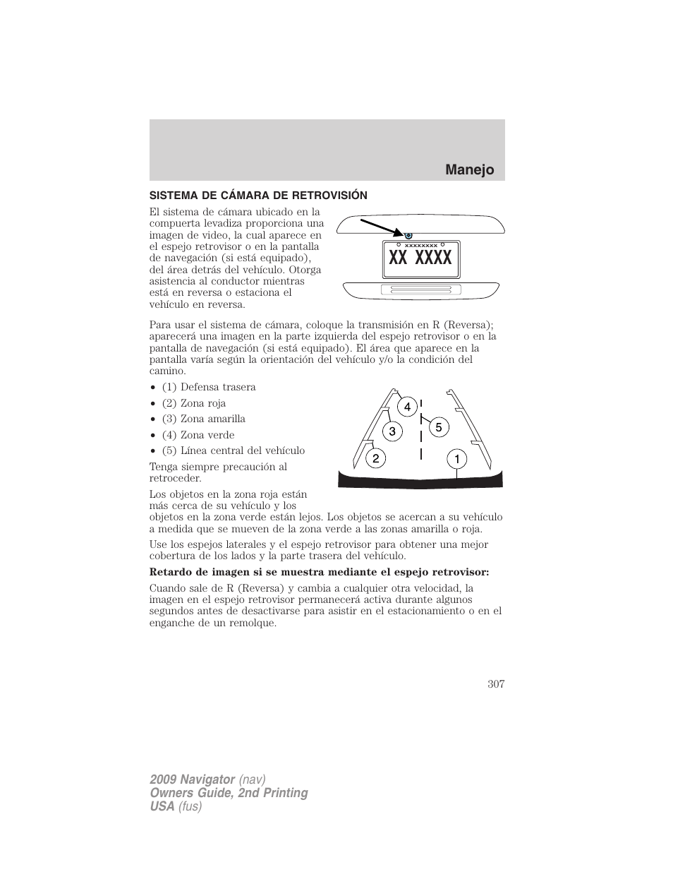 Sistema de cámara de retrovisión, Cámara de reversa, Manejo | Lincoln 2009 Navigator User Manual | Page 307 / 801