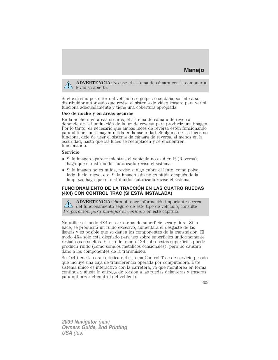 Manejo | Lincoln 2009 Navigator User Manual | Page 309 / 801
