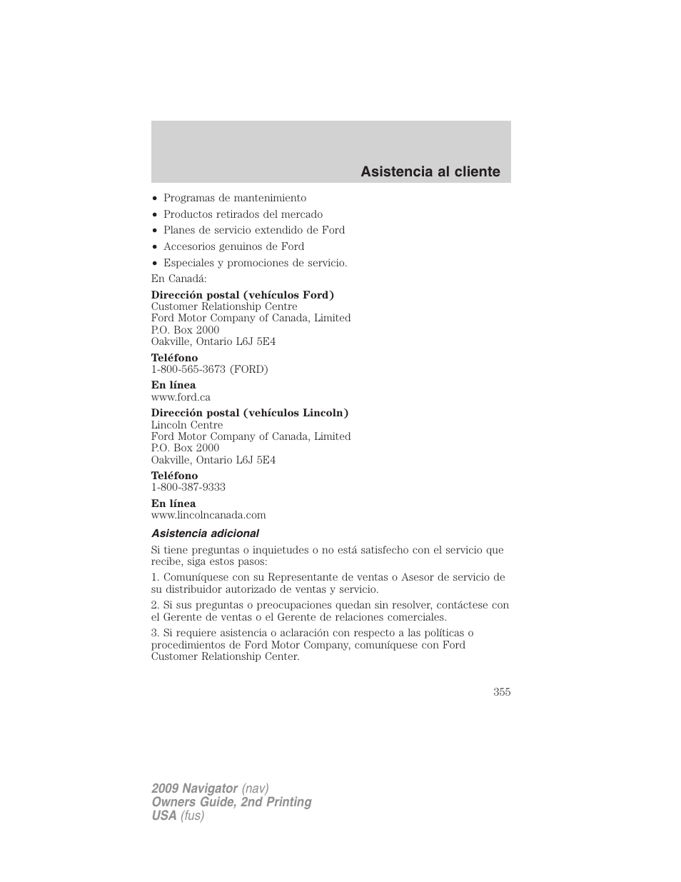 Asistencia adicional, Asistencia al cliente | Lincoln 2009 Navigator User Manual | Page 355 / 801