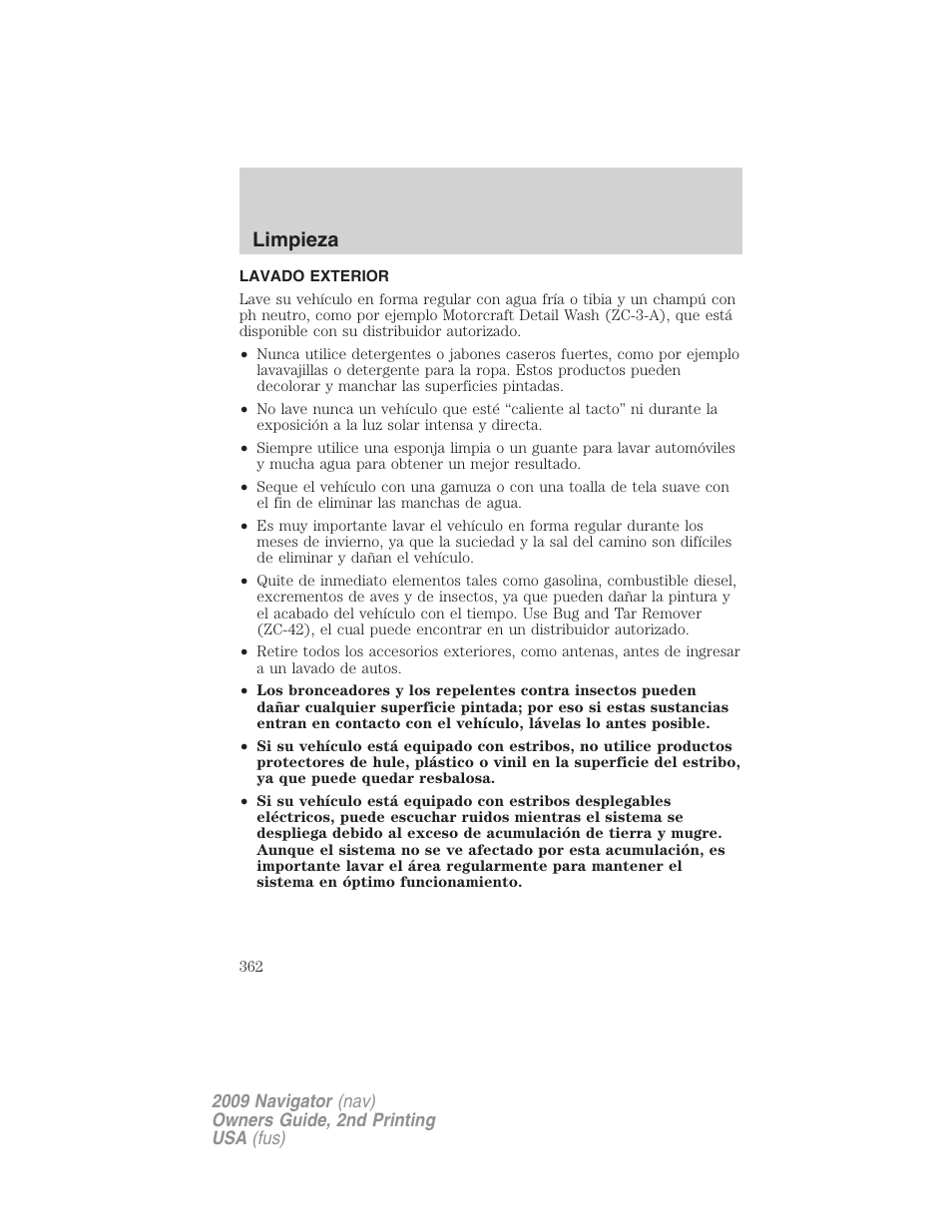 Limpieza, Lavado exterior | Lincoln 2009 Navigator User Manual | Page 362 / 801