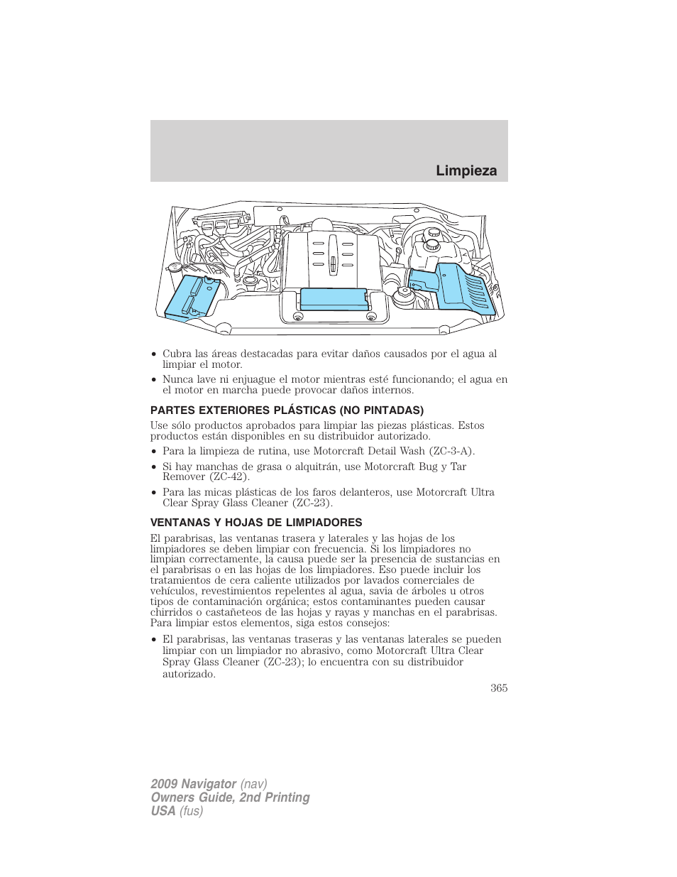 Partes exteriores plásticas (no pintadas), Ventanas y hojas de limpiadores, Limpieza | Lincoln 2009 Navigator User Manual | Page 365 / 801