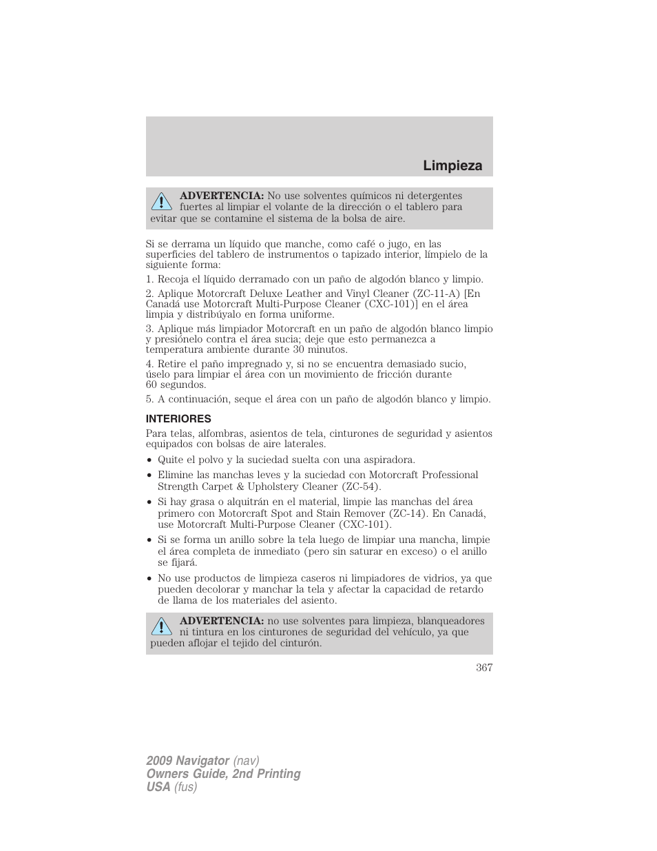 Interiores, Limpieza | Lincoln 2009 Navigator User Manual | Page 367 / 801