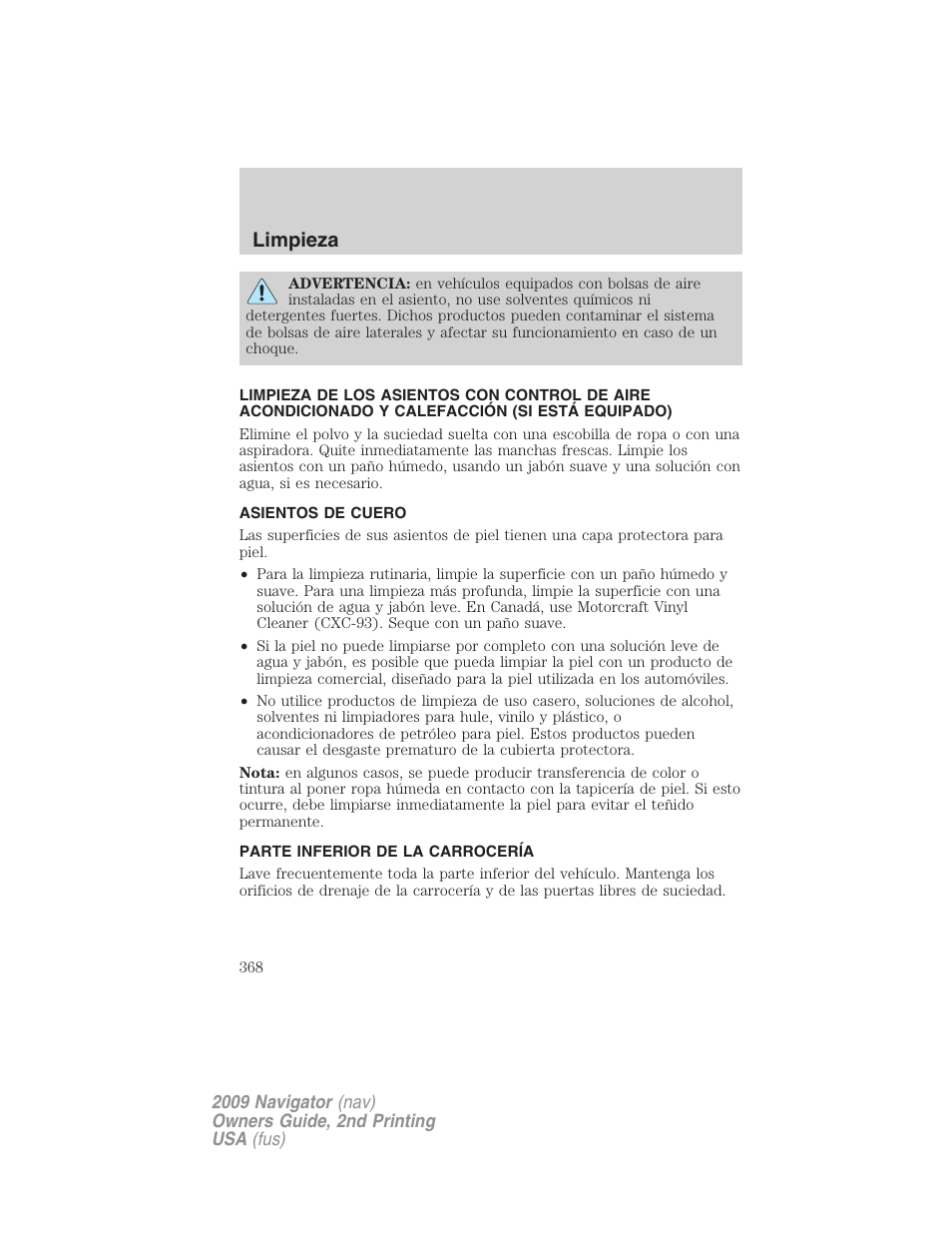 Asientos de cuero, Parte inferior de la carrocería, Limpieza | Lincoln 2009 Navigator User Manual | Page 368 / 801