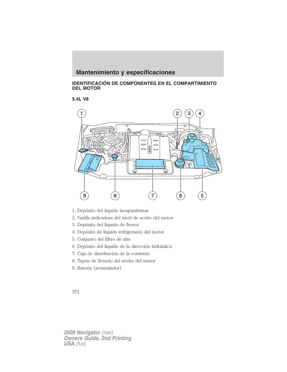 4l v8, Compartimiento del motor, Mantenimiento y especificaciones | Lincoln 2009 Navigator User Manual | Page 372 / 801