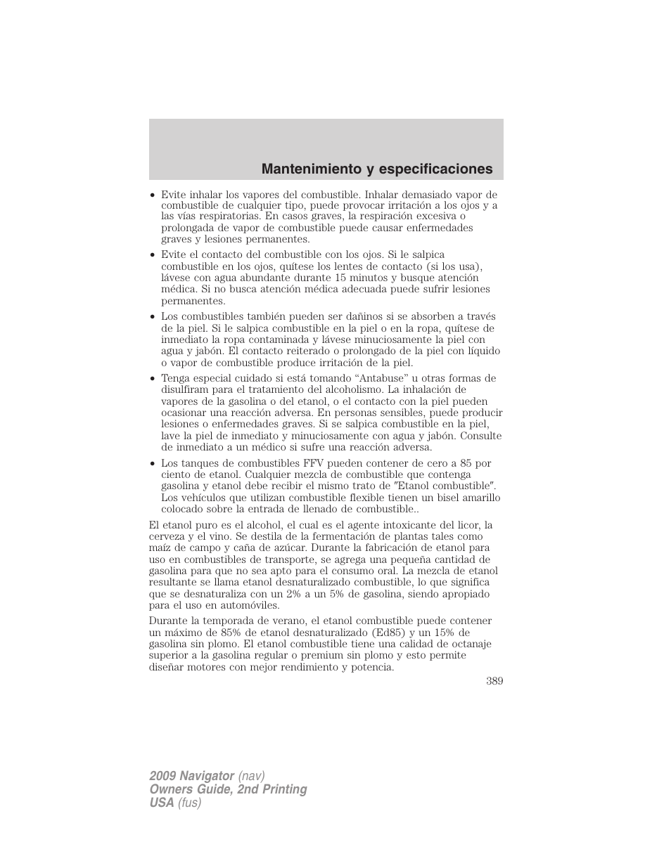 Mantenimiento y especificaciones | Lincoln 2009 Navigator User Manual | Page 389 / 801