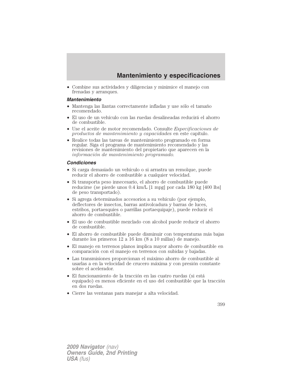 Mantenimiento, Condiciones, Mantenimiento y especificaciones | Lincoln 2009 Navigator User Manual | Page 399 / 801