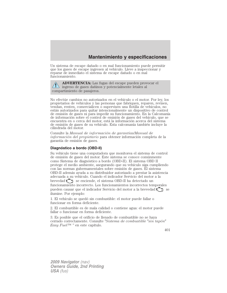 Diagnóstico a bordo (obd-ii), Mantenimiento y especificaciones | Lincoln 2009 Navigator User Manual | Page 401 / 801