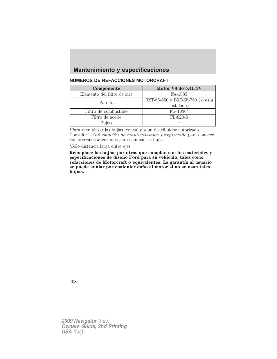 Números de refacciones motorcraft, Números de refacción, Mantenimiento y especificaciones | Lincoln 2009 Navigator User Manual | Page 408 / 801