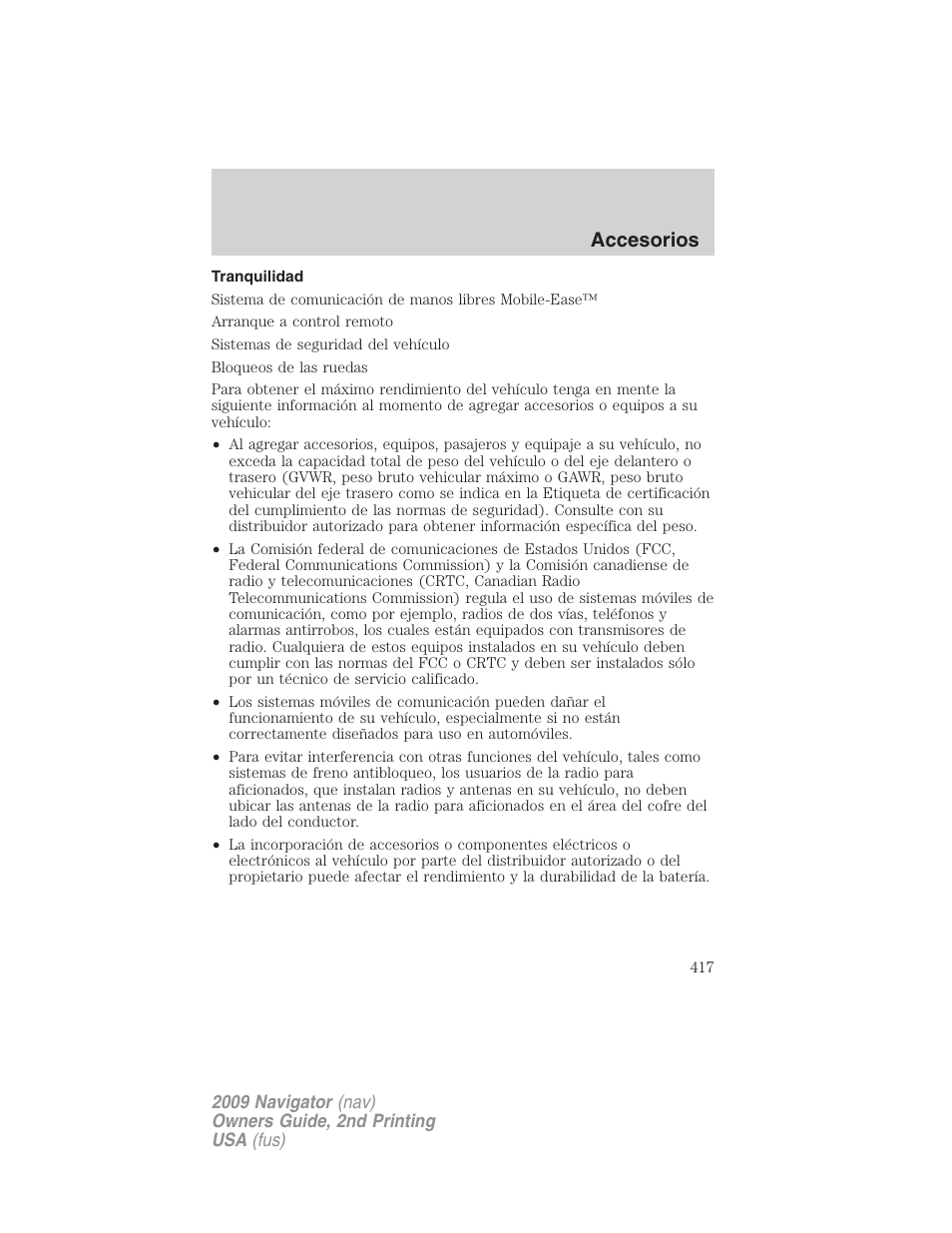 Tranquilidad, Accesorios | Lincoln 2009 Navigator User Manual | Page 417 / 801