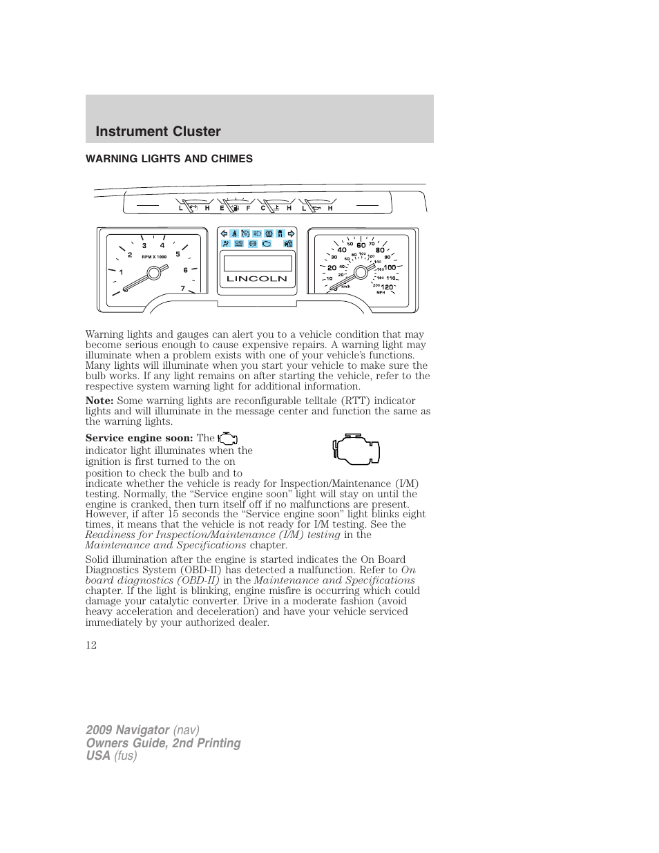 Instrument cluster, Warning lights and chimes | Lincoln 2009 Navigator User Manual | Page 436 / 801