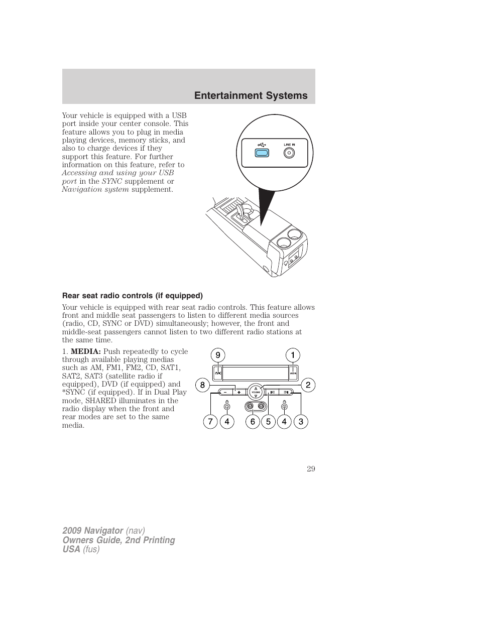 Rear seat radio controls (if equipped), Rear seat controls, Entertainment systems | Lincoln 2009 Navigator User Manual | Page 453 / 801