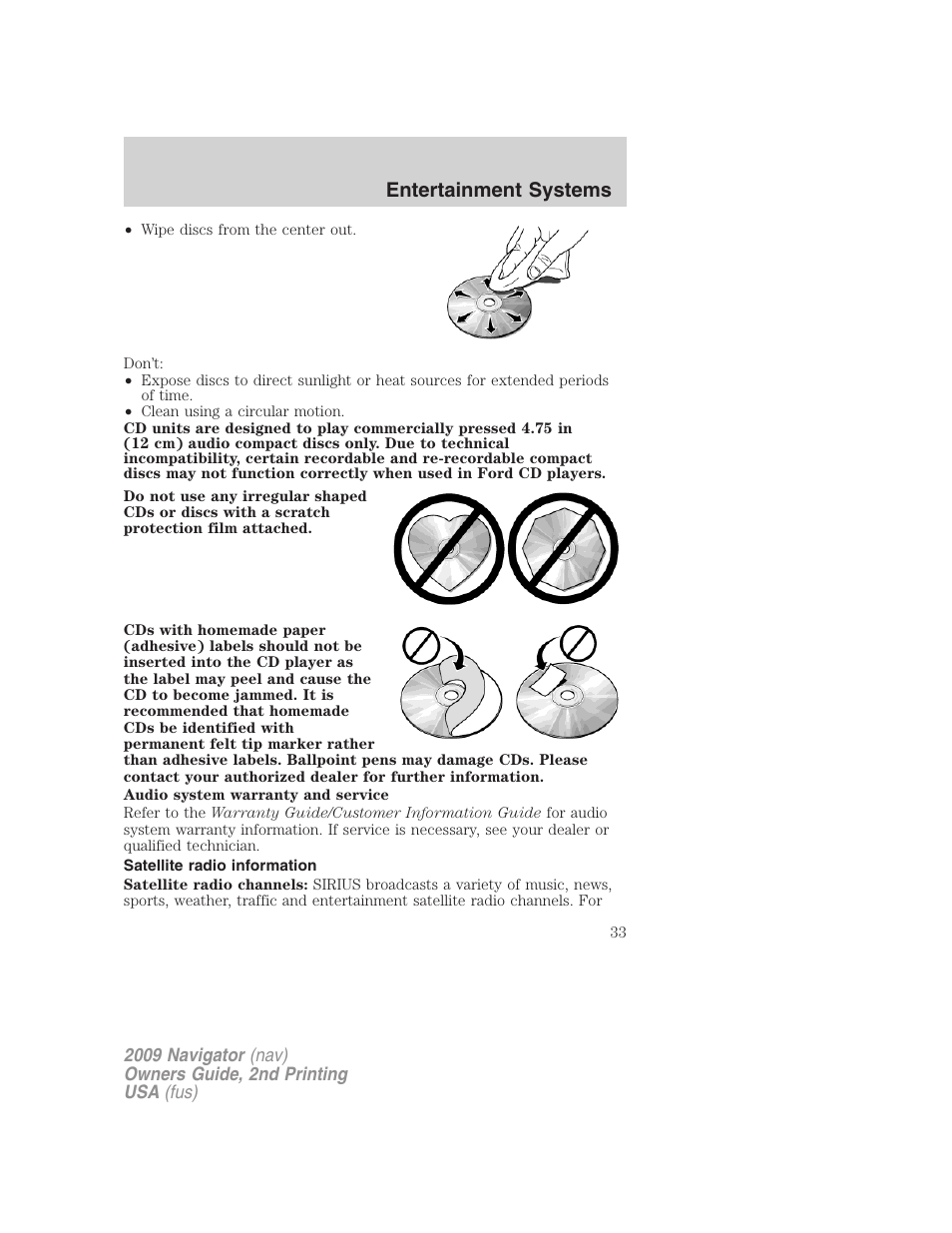 Satellite radio information, Entertainment systems | Lincoln 2009 Navigator User Manual | Page 457 / 801