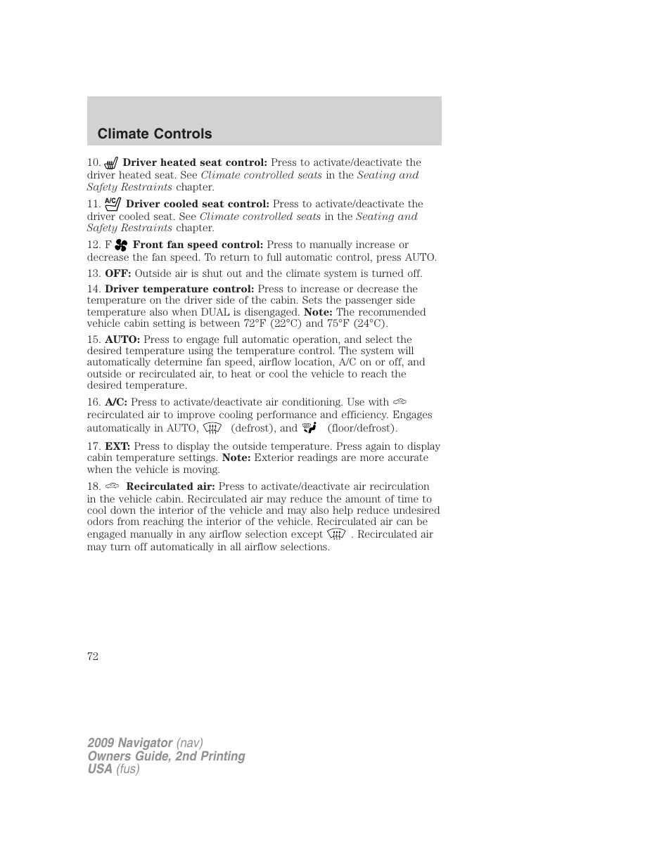 Climate controls | Lincoln 2009 Navigator User Manual | Page 496 / 801