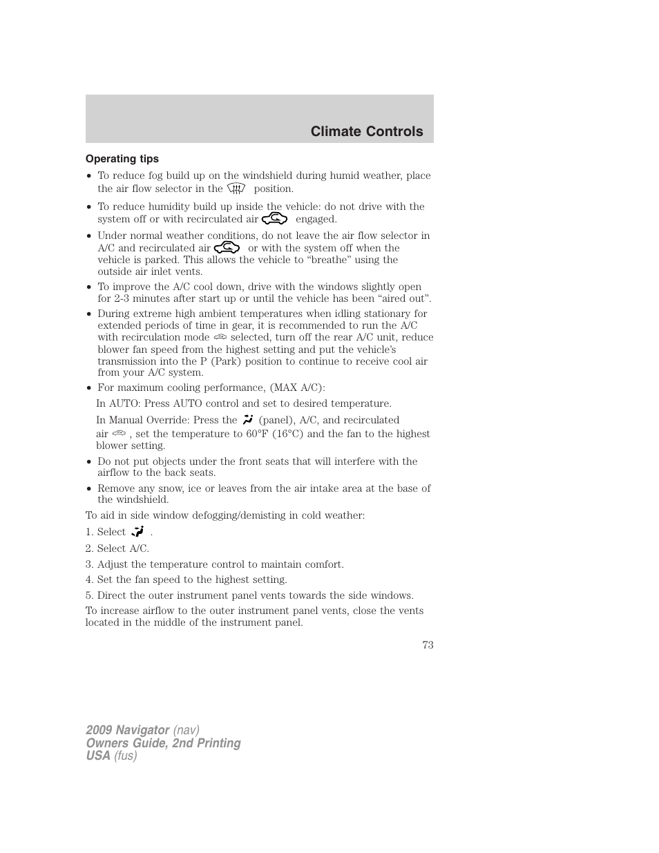 Operating tips, Climate controls | Lincoln 2009 Navigator User Manual | Page 497 / 801