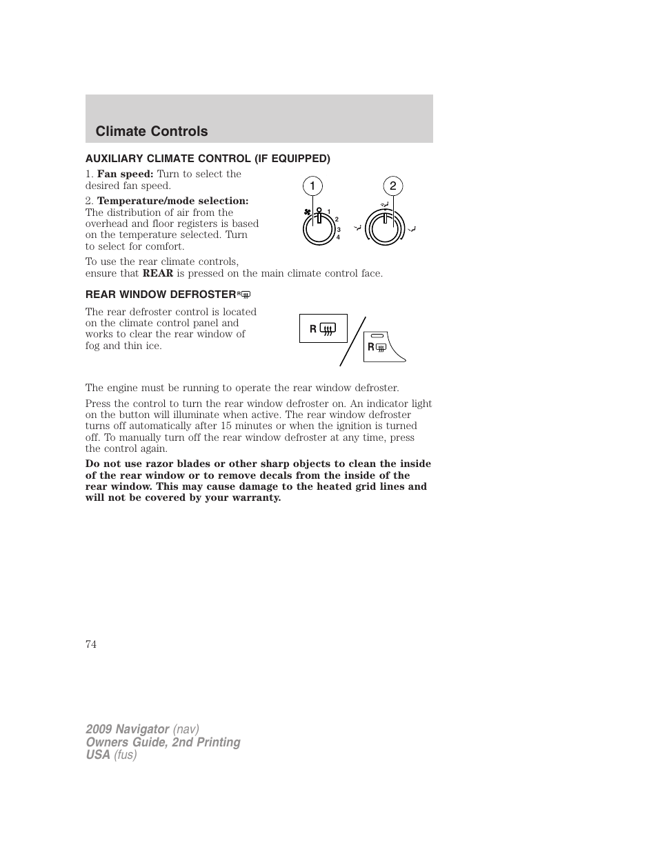 Auxiliary climate control (if equipped), Rear window defroster, Climate controls | Lincoln 2009 Navigator User Manual | Page 498 / 801