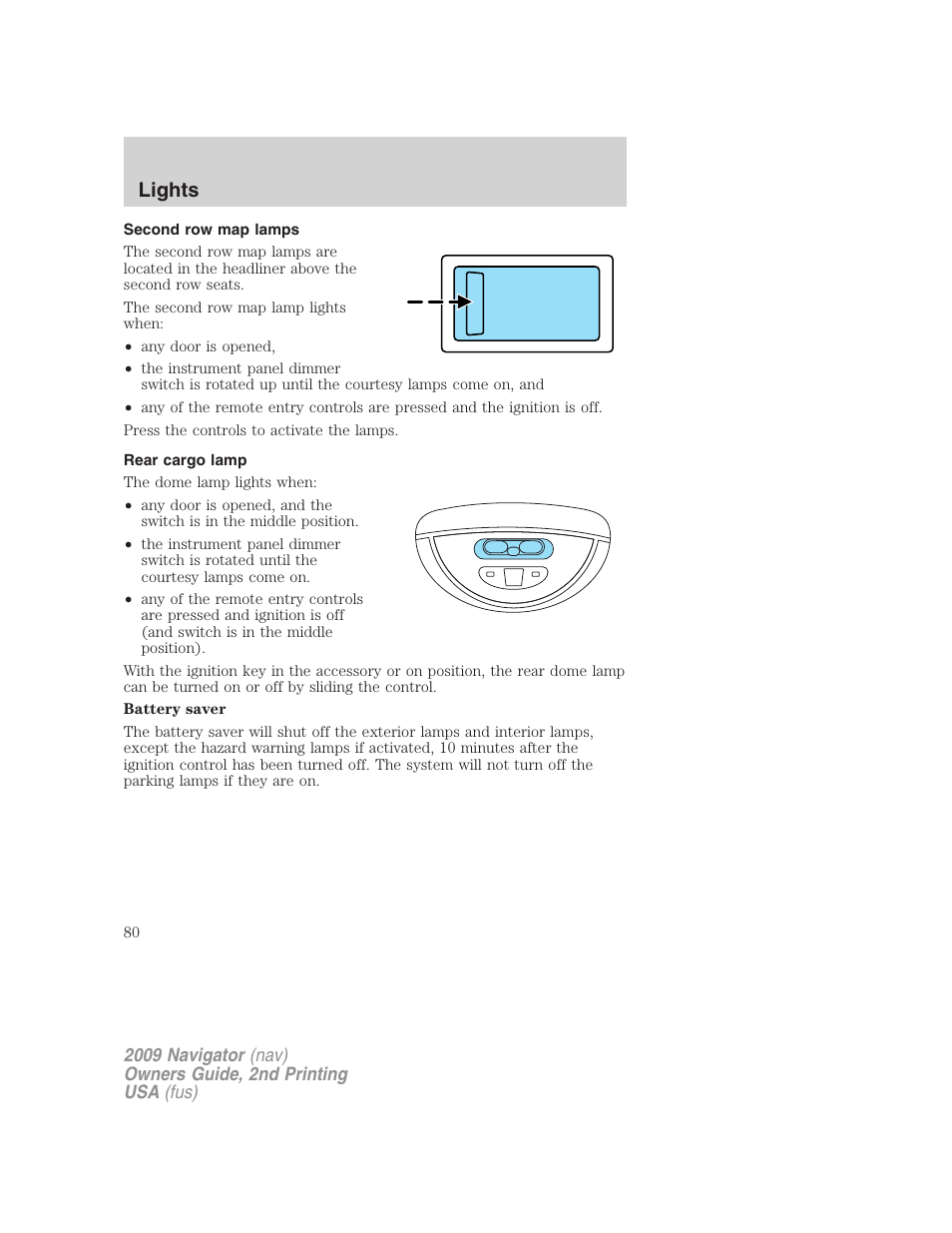 Second row map lamps, Rear cargo lamp, Lights | Lincoln 2009 Navigator User Manual | Page 504 / 801