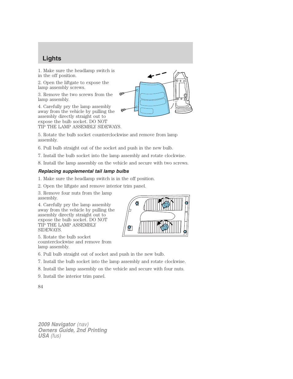 Replacing supplemental tail lamp bulbs, Lights | Lincoln 2009 Navigator User Manual | Page 508 / 801