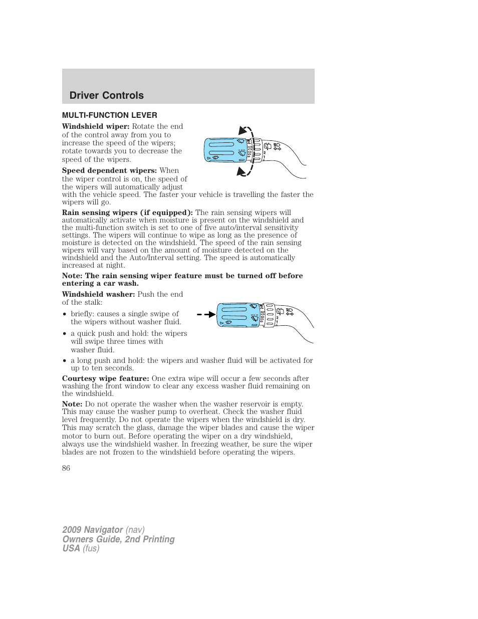 Driver controls, Multi-function lever, Windshield wiper/washer control | Lincoln 2009 Navigator User Manual | Page 510 / 801