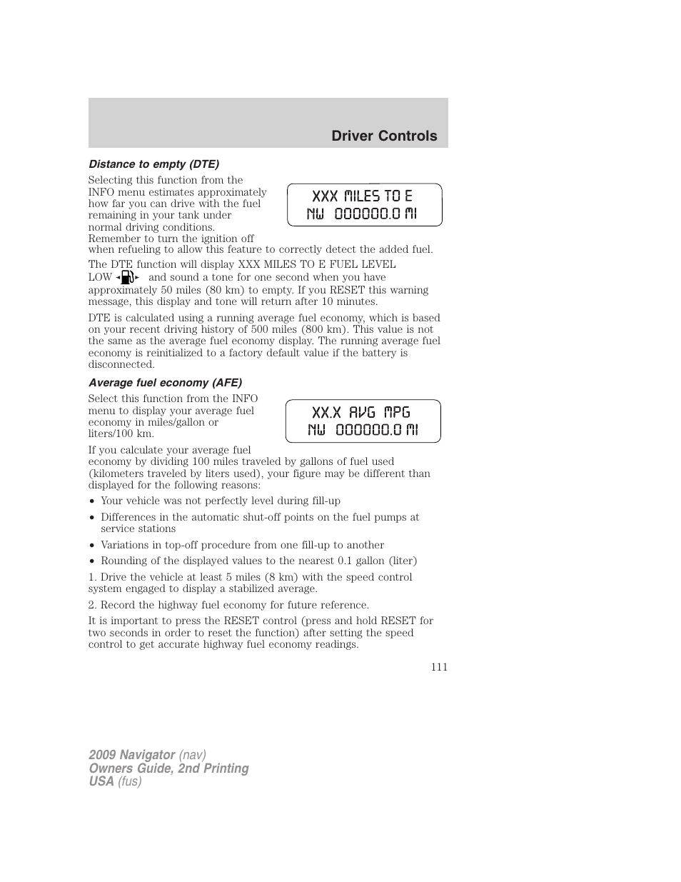 Distance to empty (dte), Average fuel economy (afe), Driver controls | Lincoln 2009 Navigator User Manual | Page 535 / 801