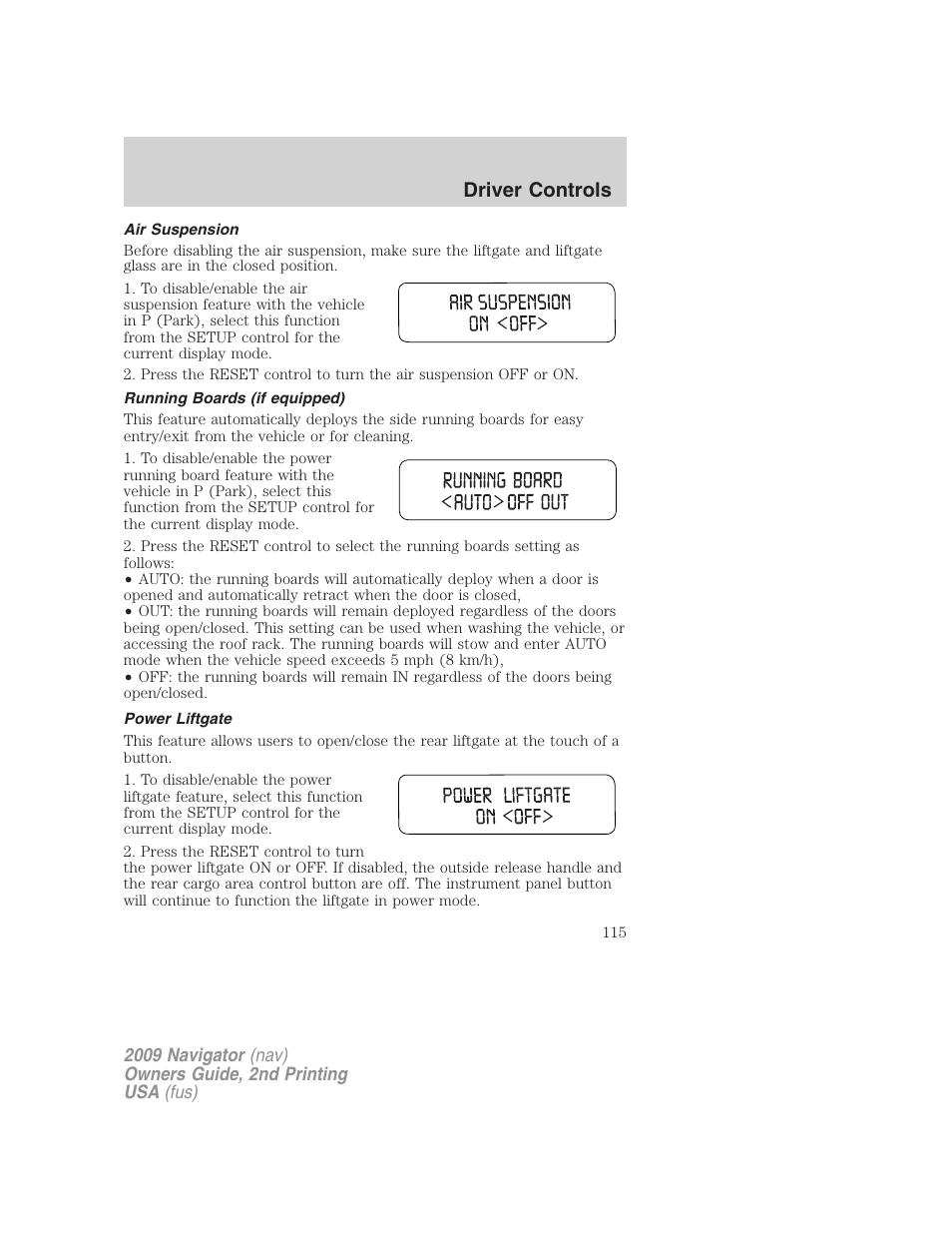 Air suspension, Running boards (if equipped), Power liftgate | Driver controls | Lincoln 2009 Navigator User Manual | Page 539 / 801