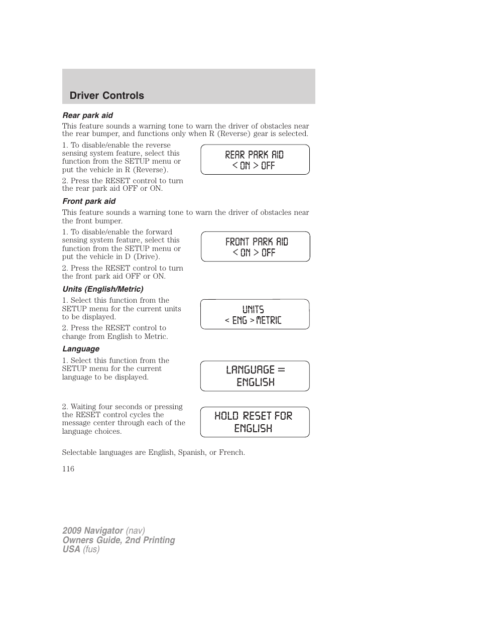 Rear park aid, Front park aid, Units (english/metric) | Language, Driver controls | Lincoln 2009 Navigator User Manual | Page 540 / 801