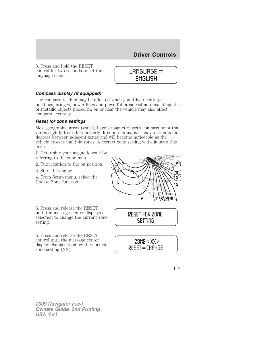 Compass display (if equipped), Reset for zone settings, Driver controls | Lincoln 2009 Navigator User Manual | Page 541 / 801