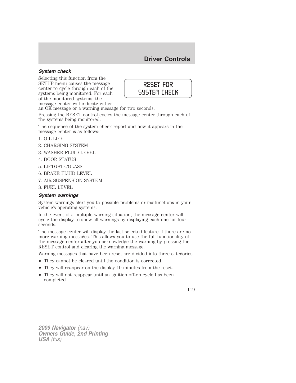 System check, System warnings, Driver controls | Lincoln 2009 Navigator User Manual | Page 543 / 801