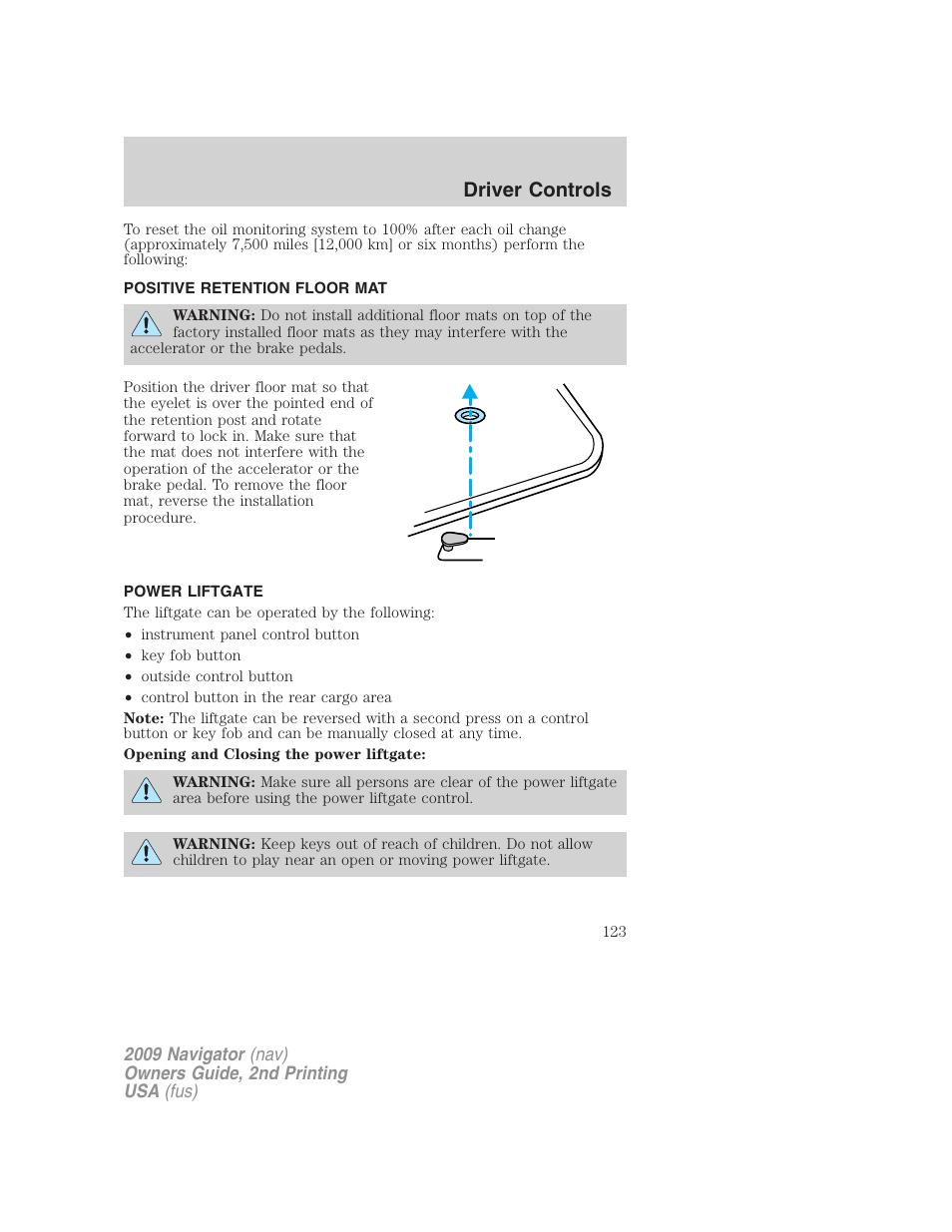 Positive retention floor mat, Power liftgate, Driver controls | Lincoln 2009 Navigator User Manual | Page 547 / 801