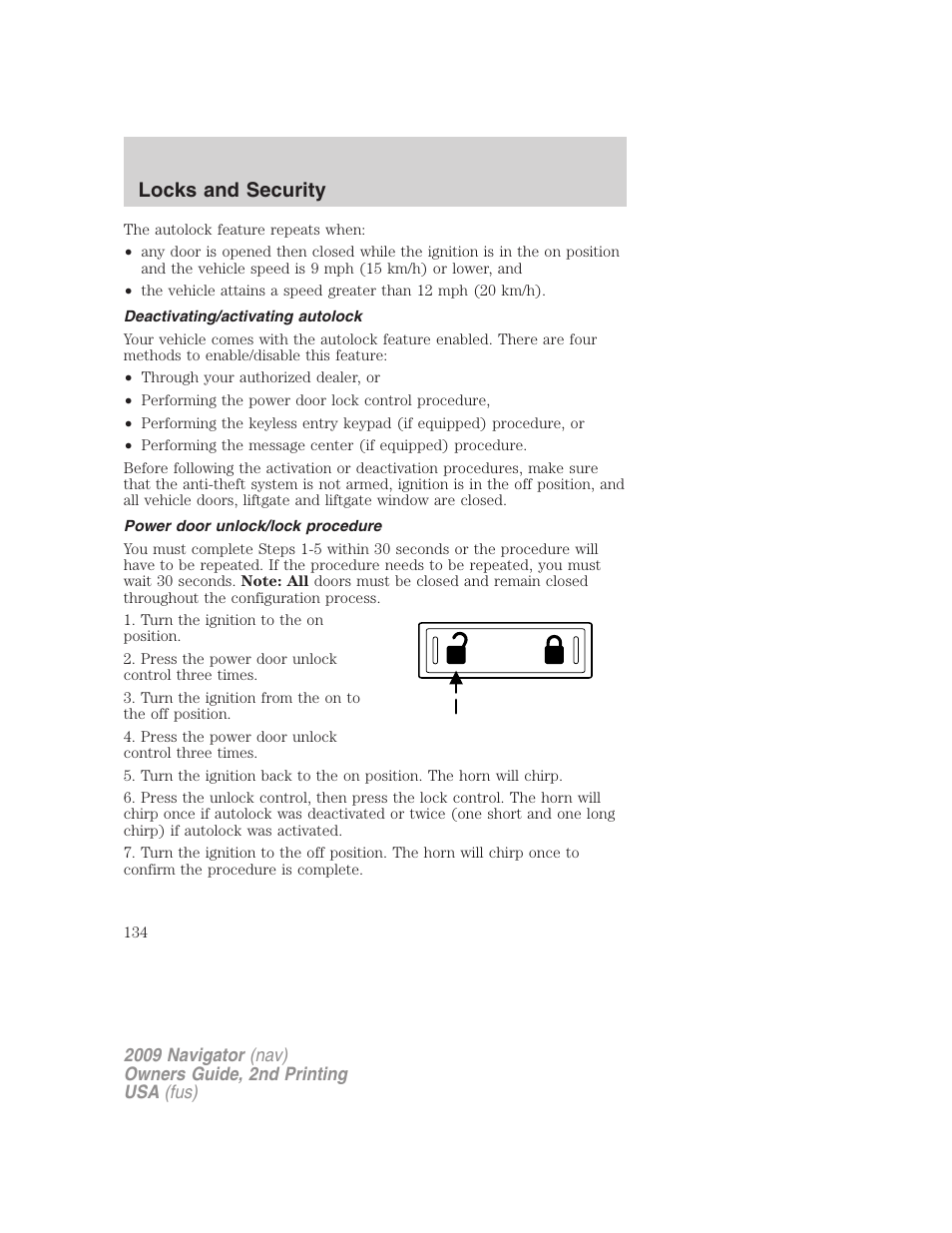 Deactivating/activating autolock, Power door unlock/lock procedure, Locks and security | Lincoln 2009 Navigator User Manual | Page 558 / 801