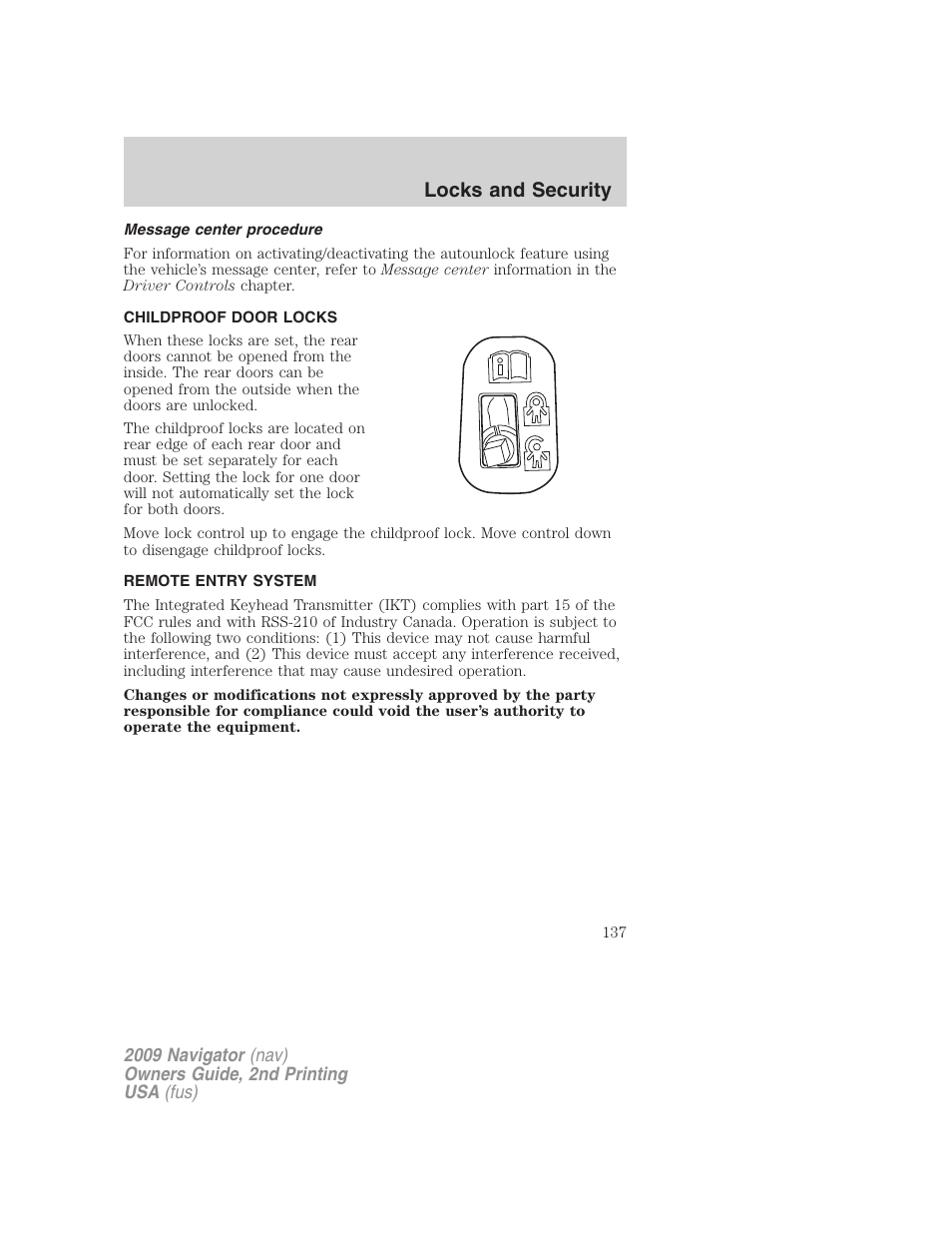 Message center procedure, Childproof door locks, Remote entry system | Locks and security | Lincoln 2009 Navigator User Manual | Page 561 / 801