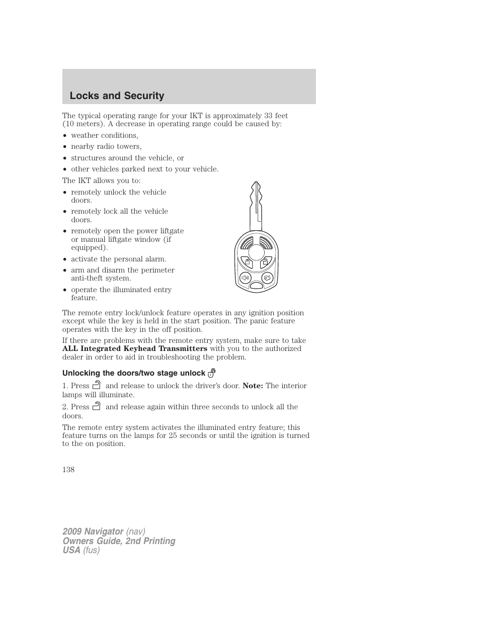 Unlocking the doors/two stage unlock, Locks and security | Lincoln 2009 Navigator User Manual | Page 562 / 801