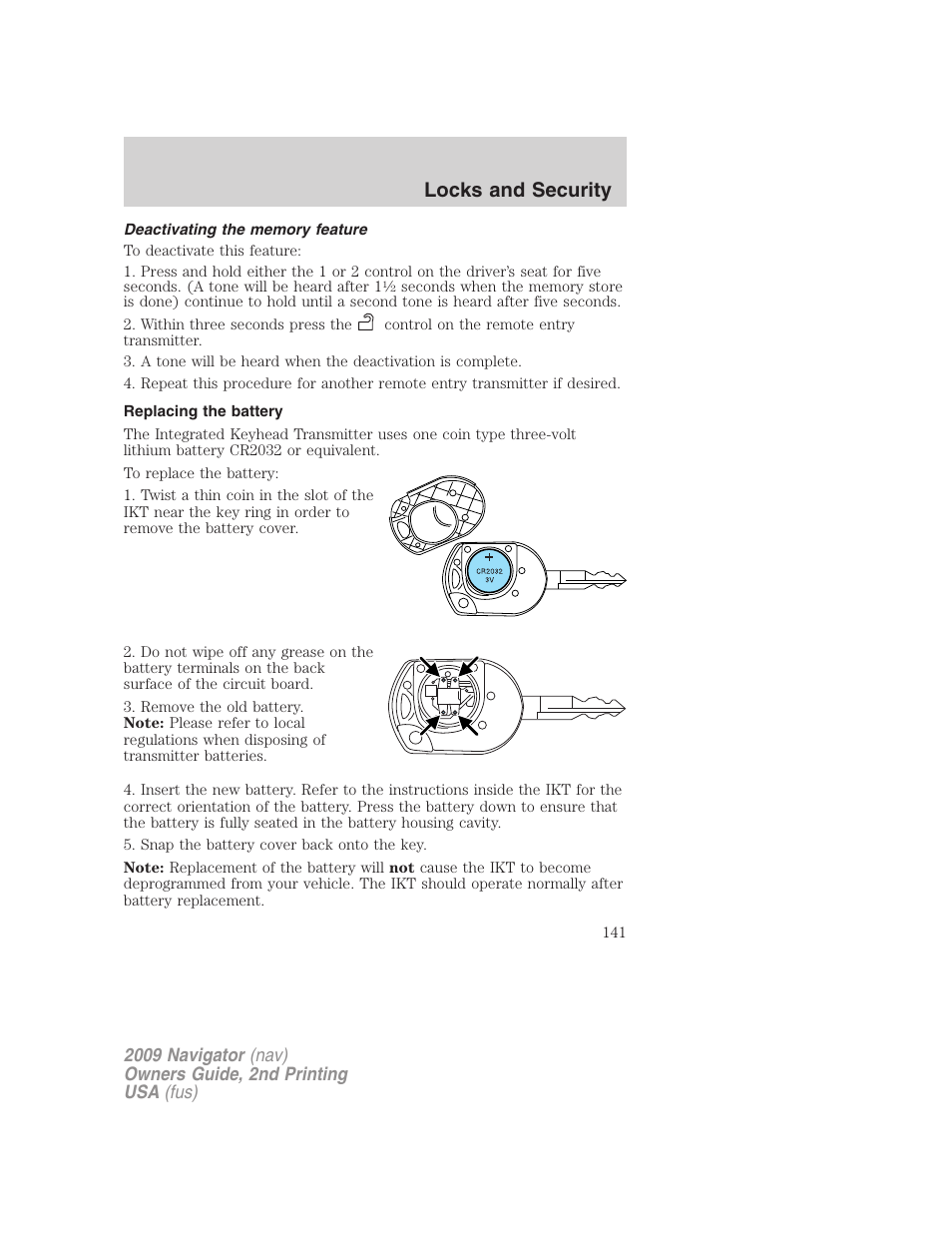 Deactivating the memory feature, Replacing the battery, Locks and security | Lincoln 2009 Navigator User Manual | Page 565 / 801