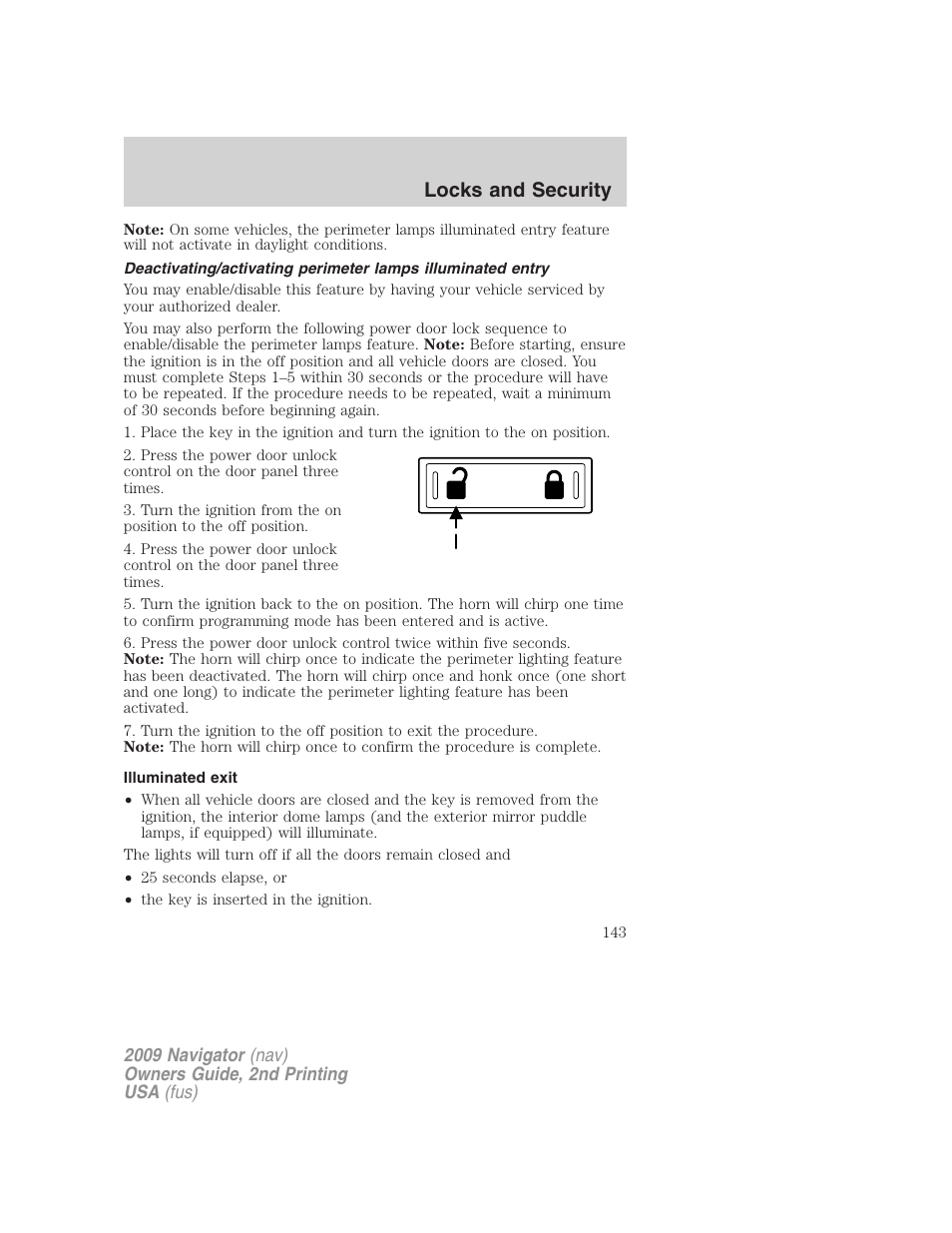 Illuminated exit, Locks and security | Lincoln 2009 Navigator User Manual | Page 567 / 801